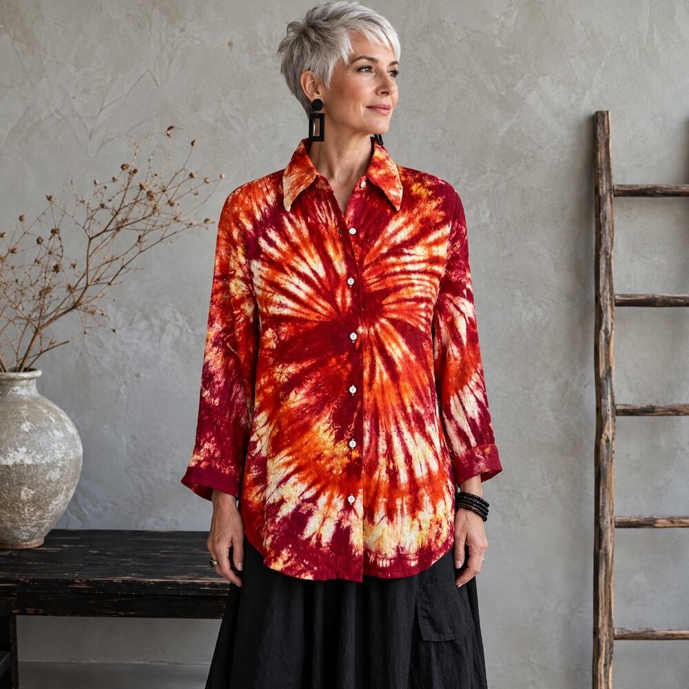 Talbots Red Orange Linen Tie Dye Button Front Top Small